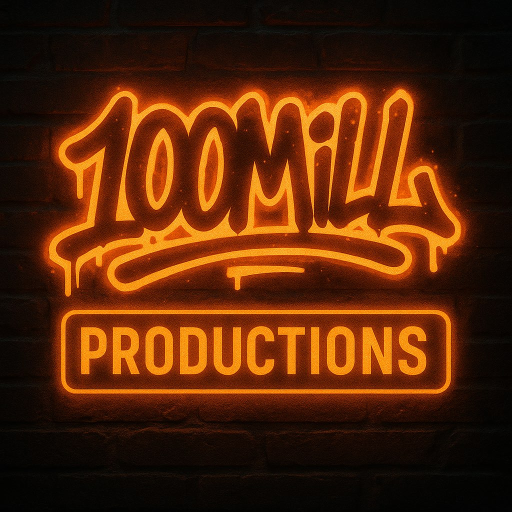 100Mill Productions orange neon logo on a dark brick wall