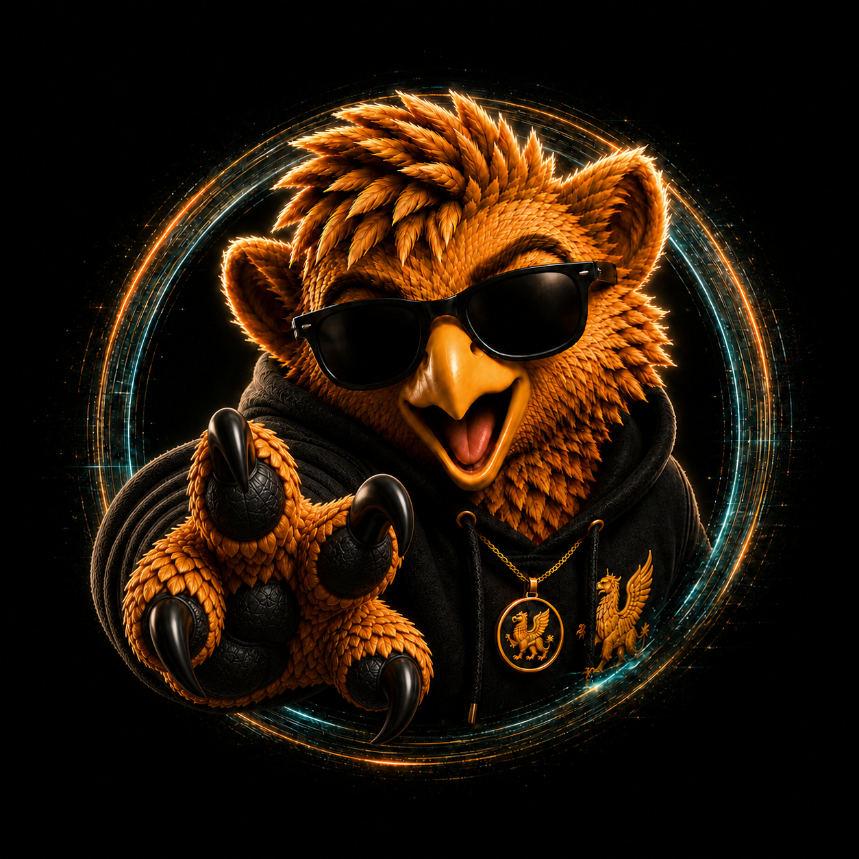 Mister Gryphon emerging from a holographic portal and pointing toward the viewer