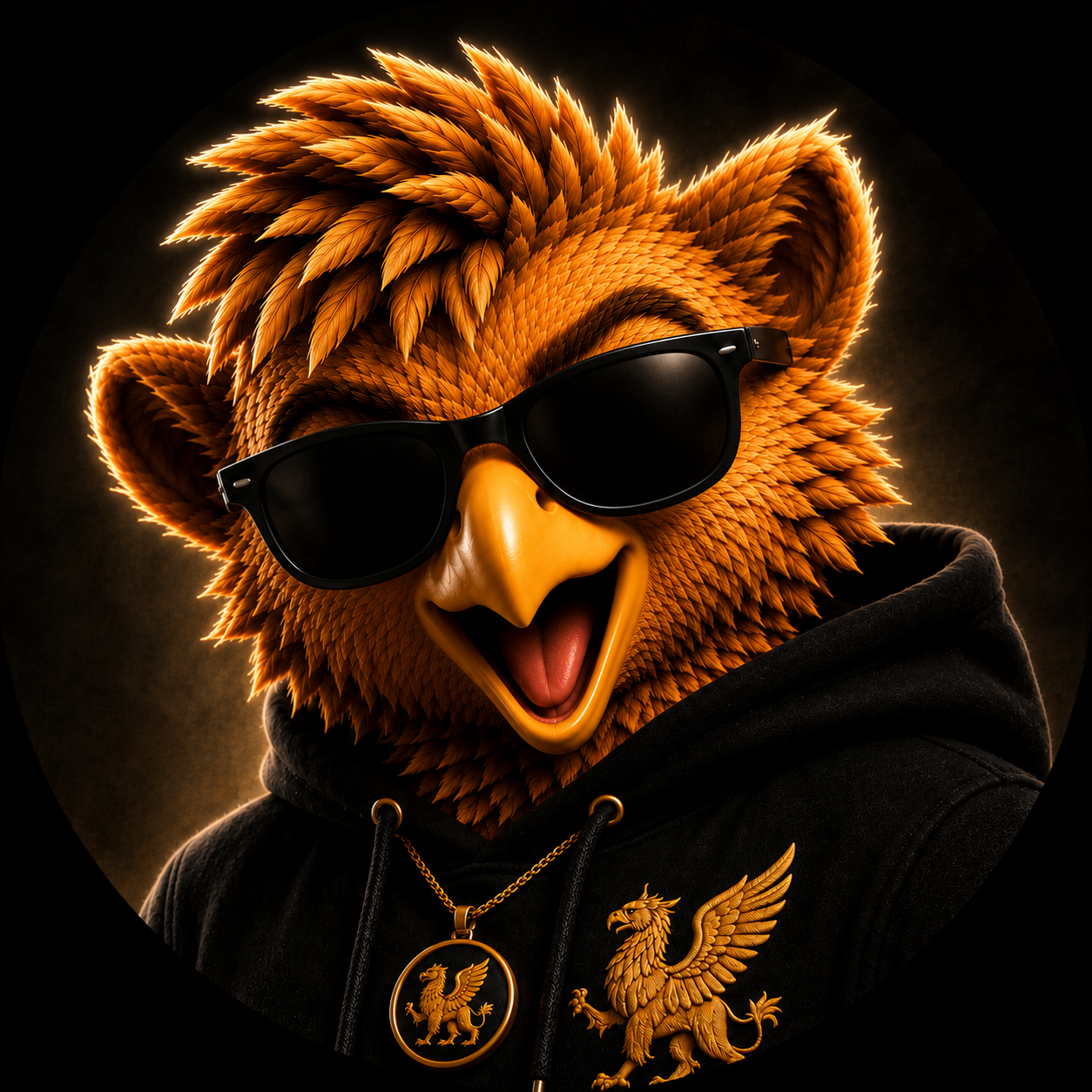 Mister Gryphon wearing black sunglasses and a black hoodie